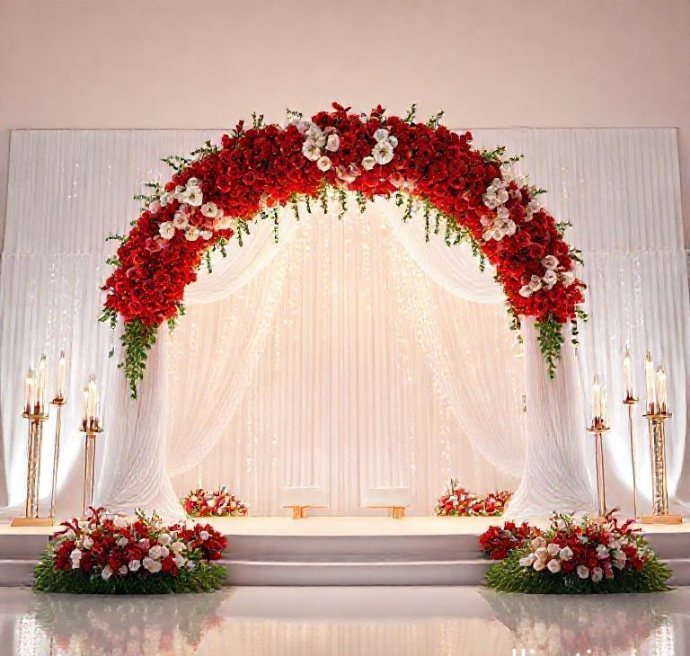 Ruby & Ivory Elegance Floral Arch Wedding Stage