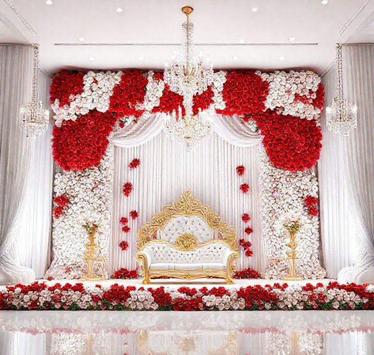 Eternal Elegance Red & White Floral Stage with Crystal Chandeliers